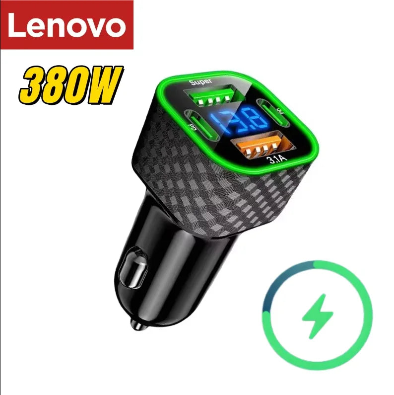 Lenovo SUPER FAST Car Charger 380W 4 in 1 USB Cigarette Lighter Adapter with QC3.0 All Cars Trucks SUV Universal Power Charging