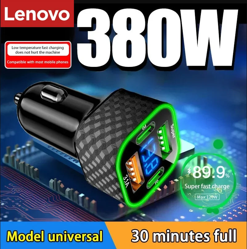 Lenovo SUPER FAST Car Charger 380W 4 in 1 USB Cigarette Lighter Adapter with QC3.0 All Cars Trucks SUV Universal Power Charging