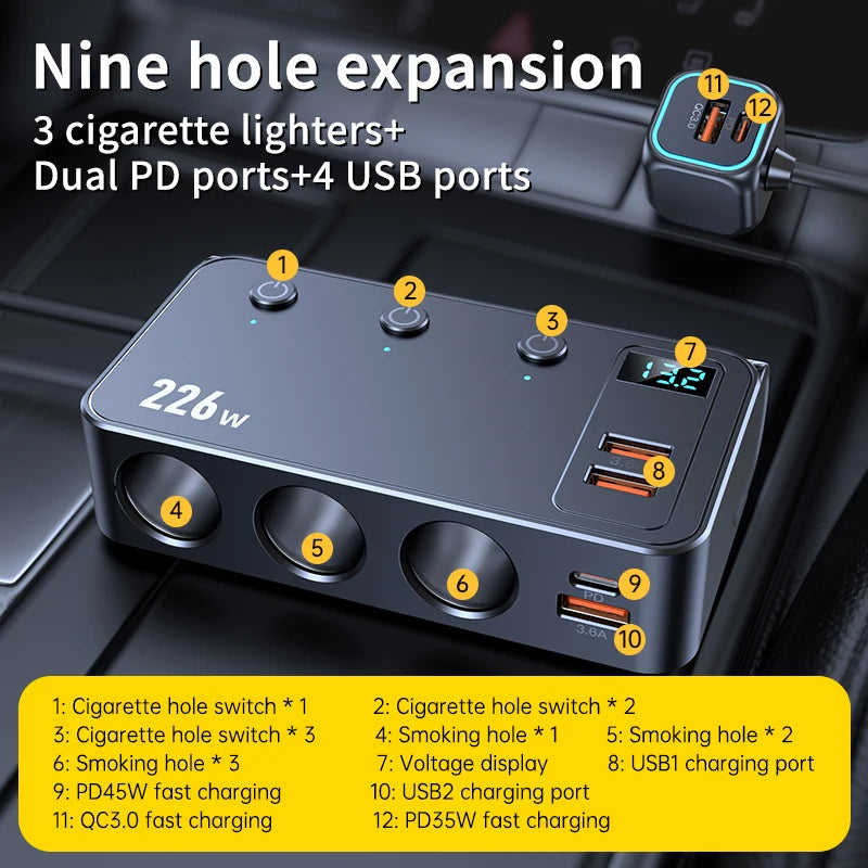 9 in 1 Cigarette Lighter Splitter 226W Car Charger Adapter with PD/QC 3.0  Charge 3.3FT Cable 12V/24V Independent Switches