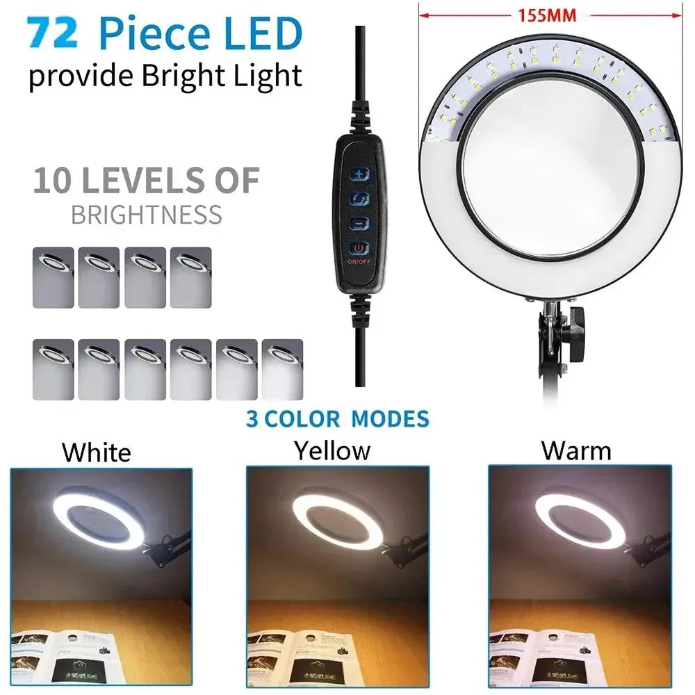 72LED 8X/10X NEW Illuminated Magnifier USB 3 Colors LED Magnifying Glass For Skincare Beauty/Table Lamp/Soldering Iron Repair
