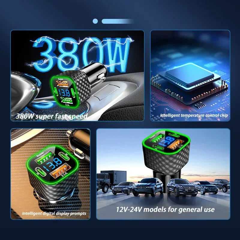 Lenovo SUPER FAST Car Charger 380W 4 in 1 USB Cigarette Lighter Adapter with QC3.0 All Cars Trucks SUV Universal Power Charging