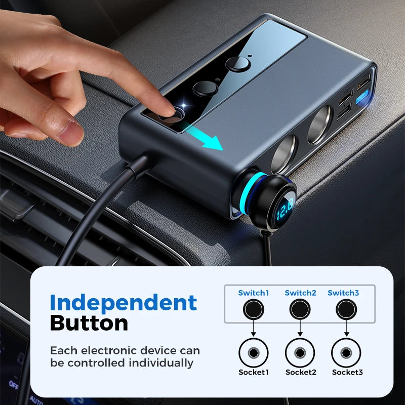 Joyroom 154W 9 in 1 Car Charger Adapter Charge Independent Switches DC Cigarette Outlet PD 3 Socket Cigarette Lighter Splitter