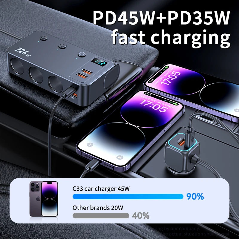 9 in 1 Cigarette Lighter Splitter 226W Car Charger Adapter with PD/QC 3.0  Charge 3.3FT Cable 12V/24V Independent Switches