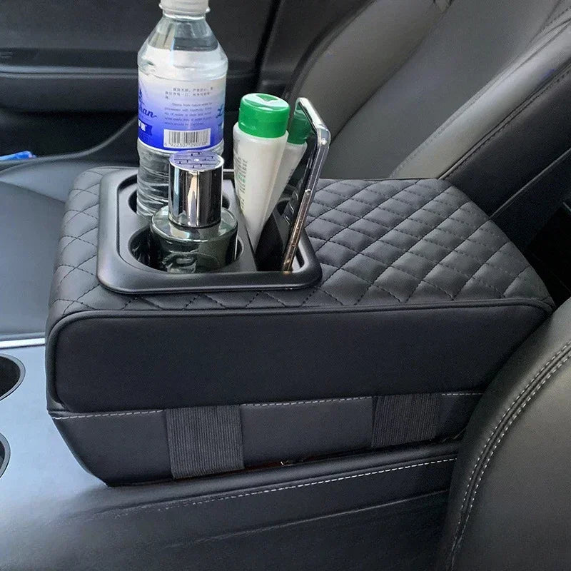 Auto Center Console Armrest Cushion With 2 Cup Holder PU Leather Armrest Pad Portable Car Amrest Pillow Cover Height Pad