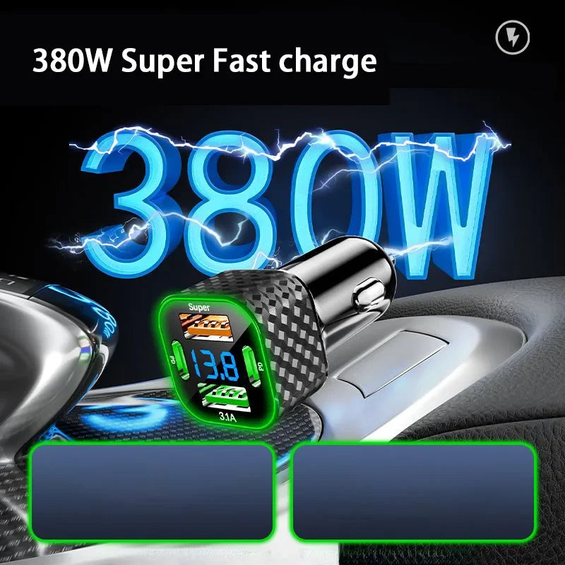 Lenovo SUPER FAST Car Charger 380W 4 in 1 USB Cigarette Lighter Adapter with QC3.0 All Cars Trucks SUV Universal Power Charging
