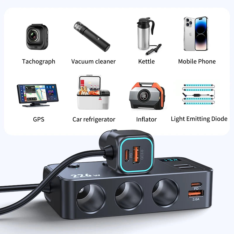 9 in 1 Cigarette Lighter Splitter 226W Car Charger Adapter with PD/QC 3.0  Charge 3.3FT Cable 12V/24V Independent Switches