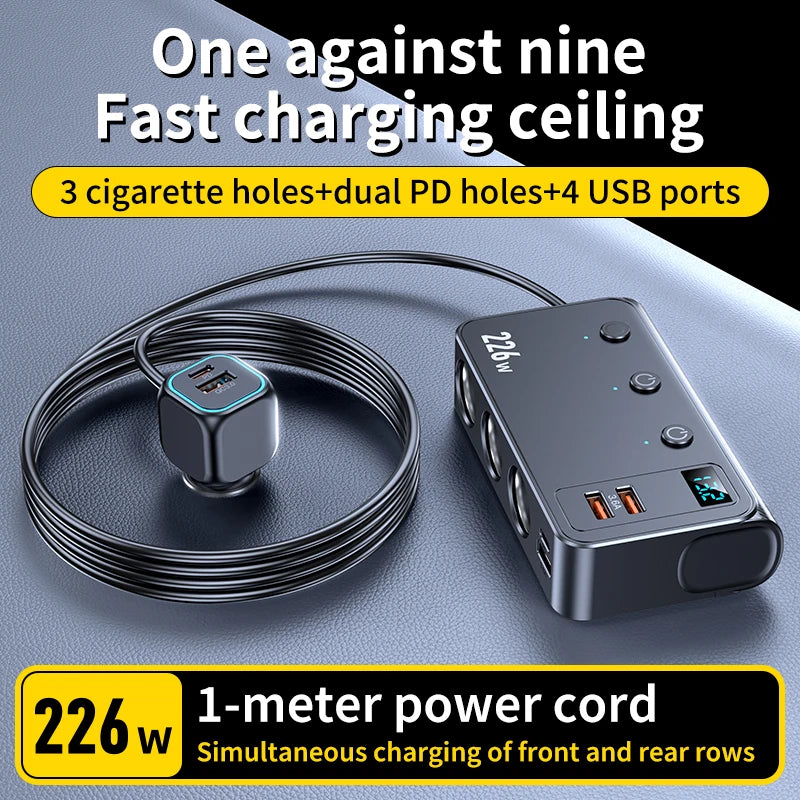 9 in 1 Cigarette Lighter Splitter 226W Car Charger Adapter with PD/QC 3.0  Charge 3.3FT Cable 12V/24V Independent Switches